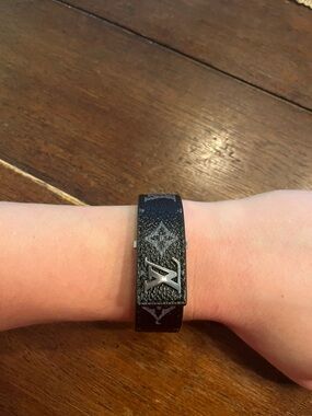 Louis Vuitton Black Monogram Leather Bracelet with Silver LV Hardware